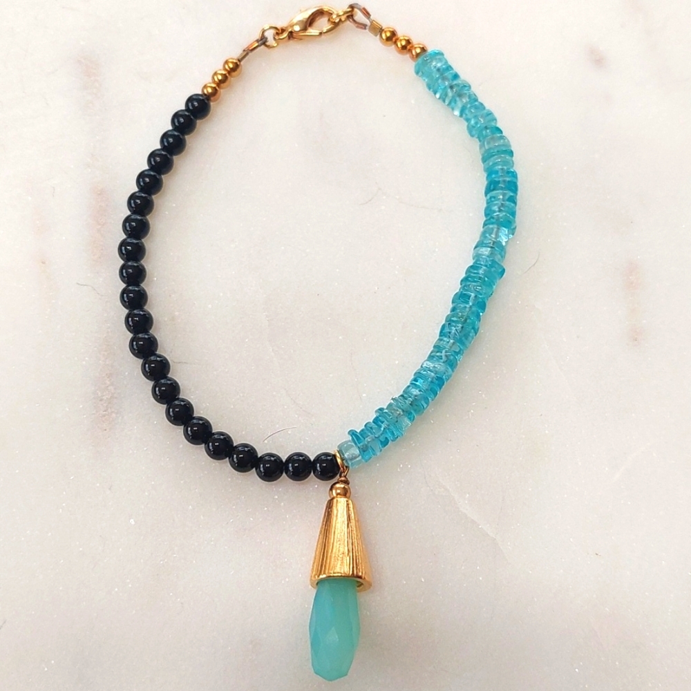 Onyx and Blue Apatite Beaded Bracelet